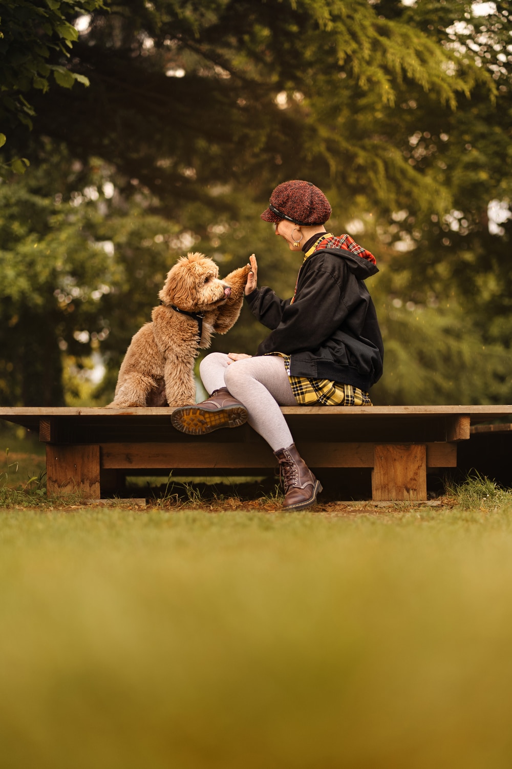 Portrait de Ziggy le goldendoodle et Pam Méliee Photographe faisant un check.